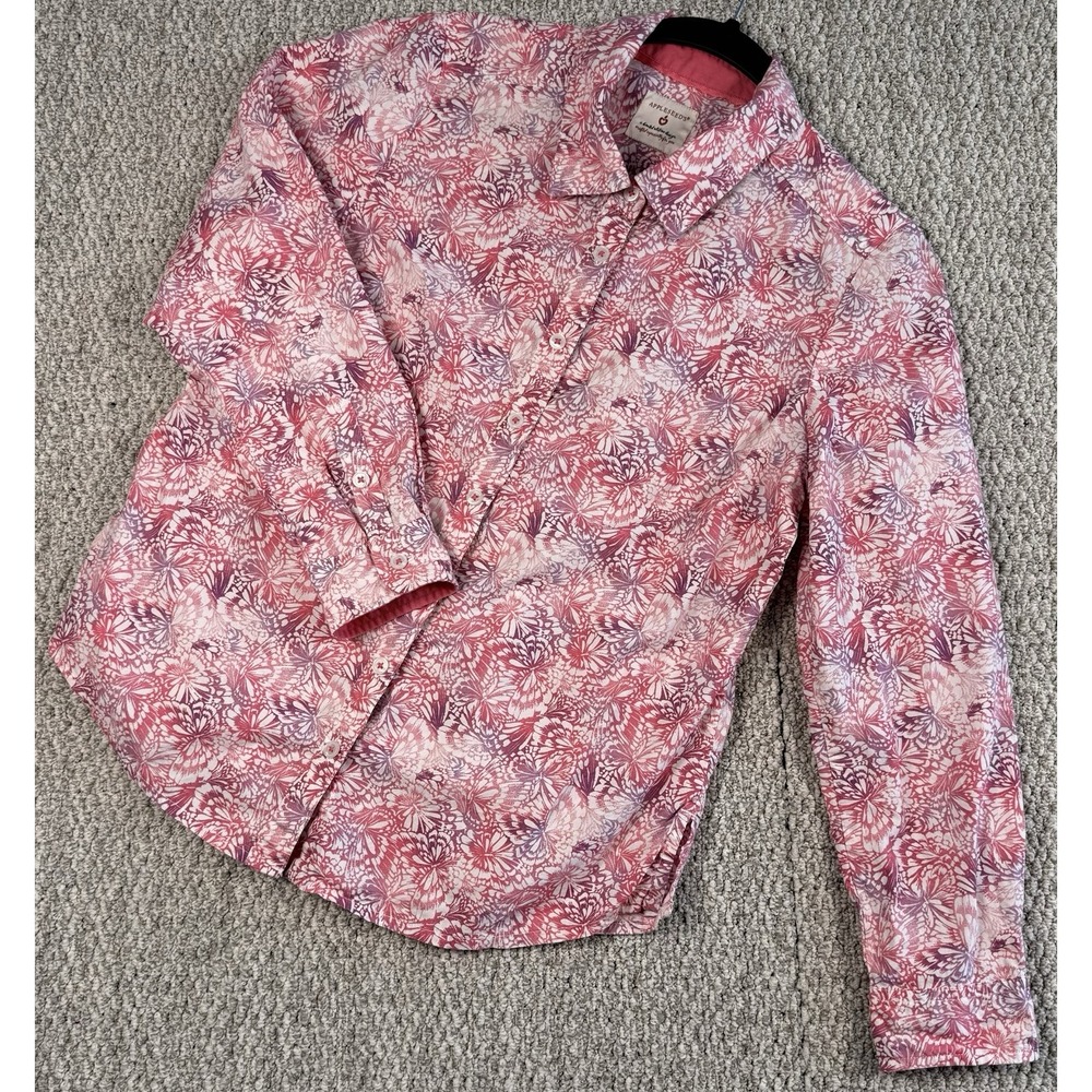 Pinkβ Butterfly Floral Flip Cuff Button Up Cotton Cottagecore Spring Blouse PS
